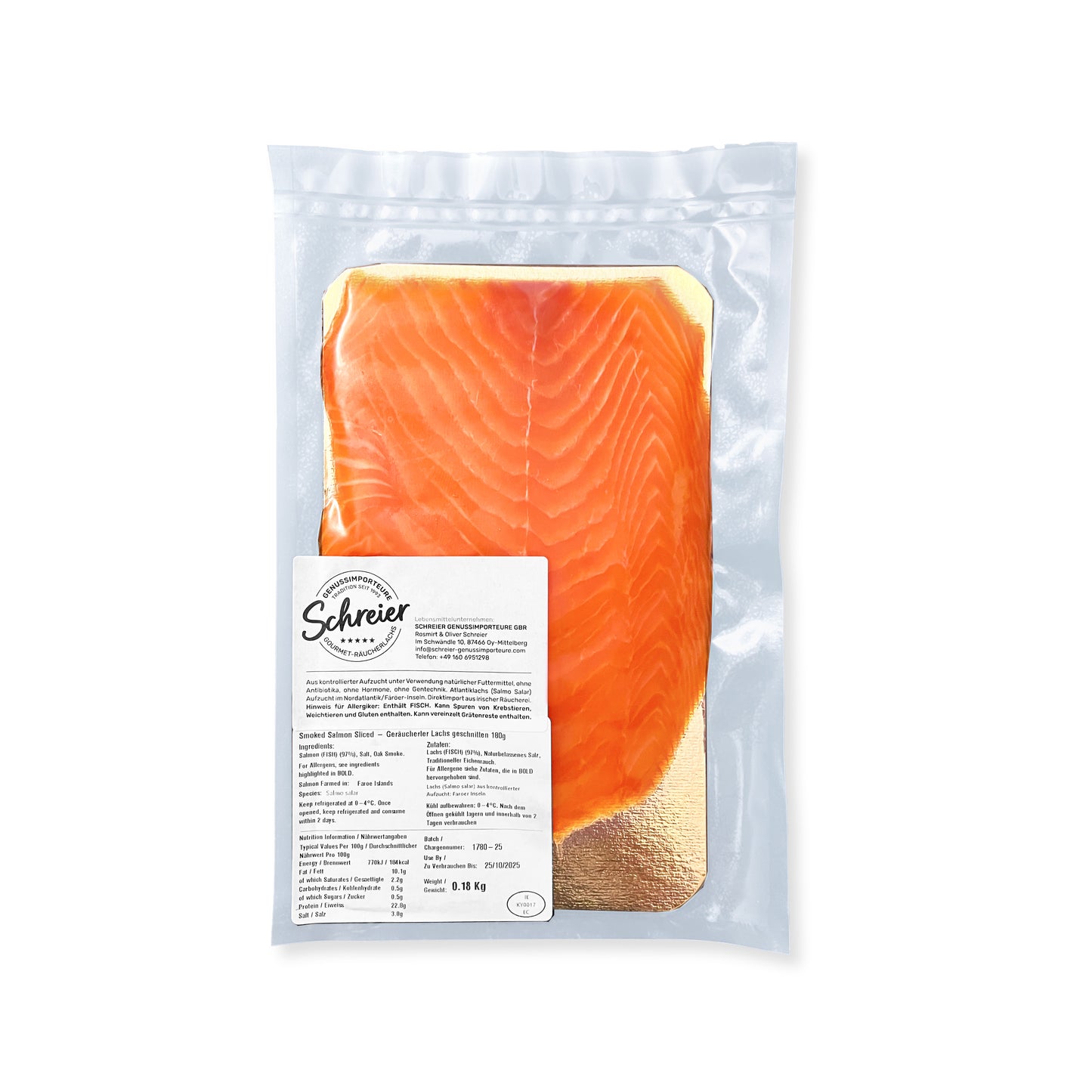 Superior-Räucherlachs 180g-Packung, vakuumiert, geschnitten, direkt aus der irischen Manufaktur